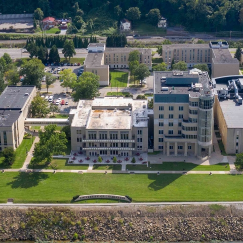 drone shot of campus