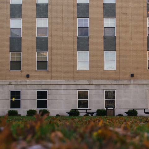 two students walking into dorm in the fall