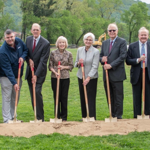 Groundbreaking with shovels and dirt for the Welch Athletic Complex