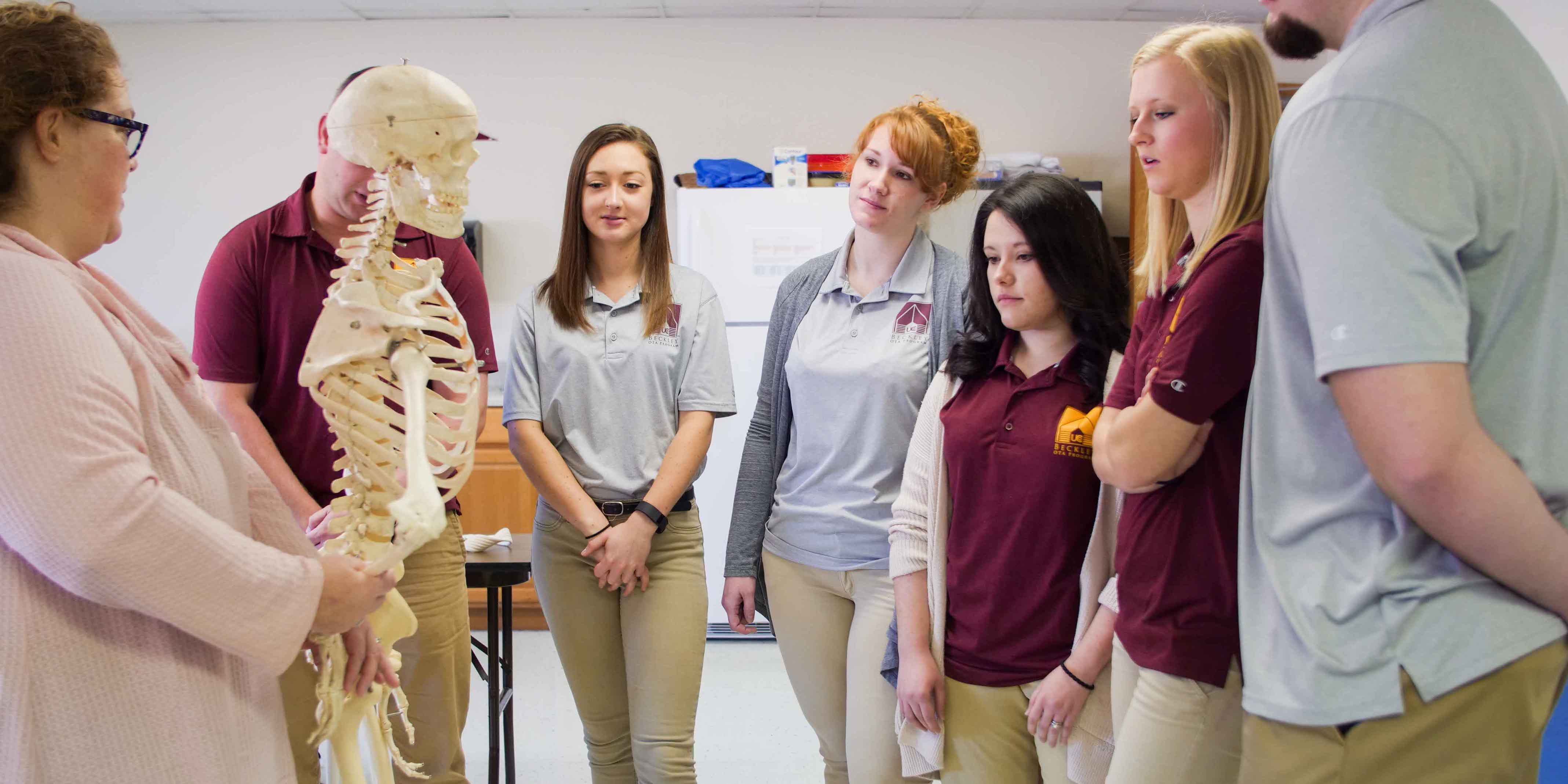 Group of Occupational Therapy Assistant students looking at skeleton while professor instructs