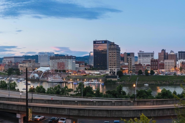 Downtown with Live on the Levee at sunset