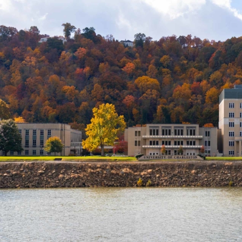 campus from the river during fall